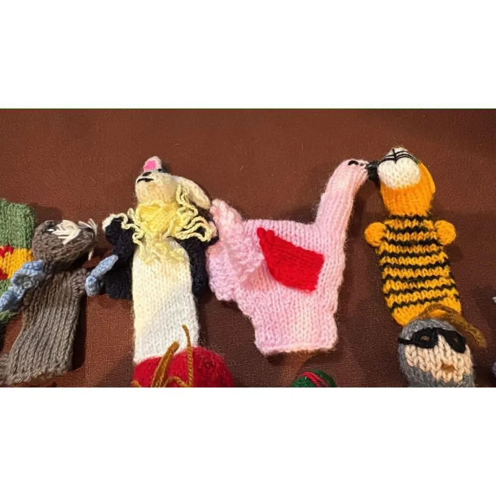 Lot of 22  Knitted  Finger Puppets People Coffee Pot Animals